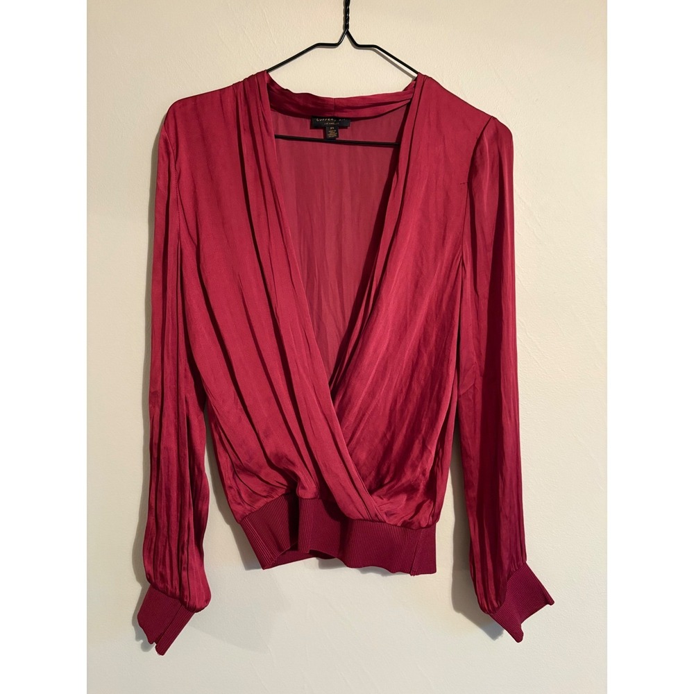 Current Air Wrap Blouse XS Burgundy Satin Ribbed Knit Cuff Romantic Coquette - Picture 2 of 7